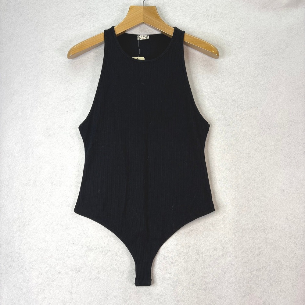 Free People‎ Black Ribbed High Neck Bodysuit Womens XL Minimalist Chic Layering